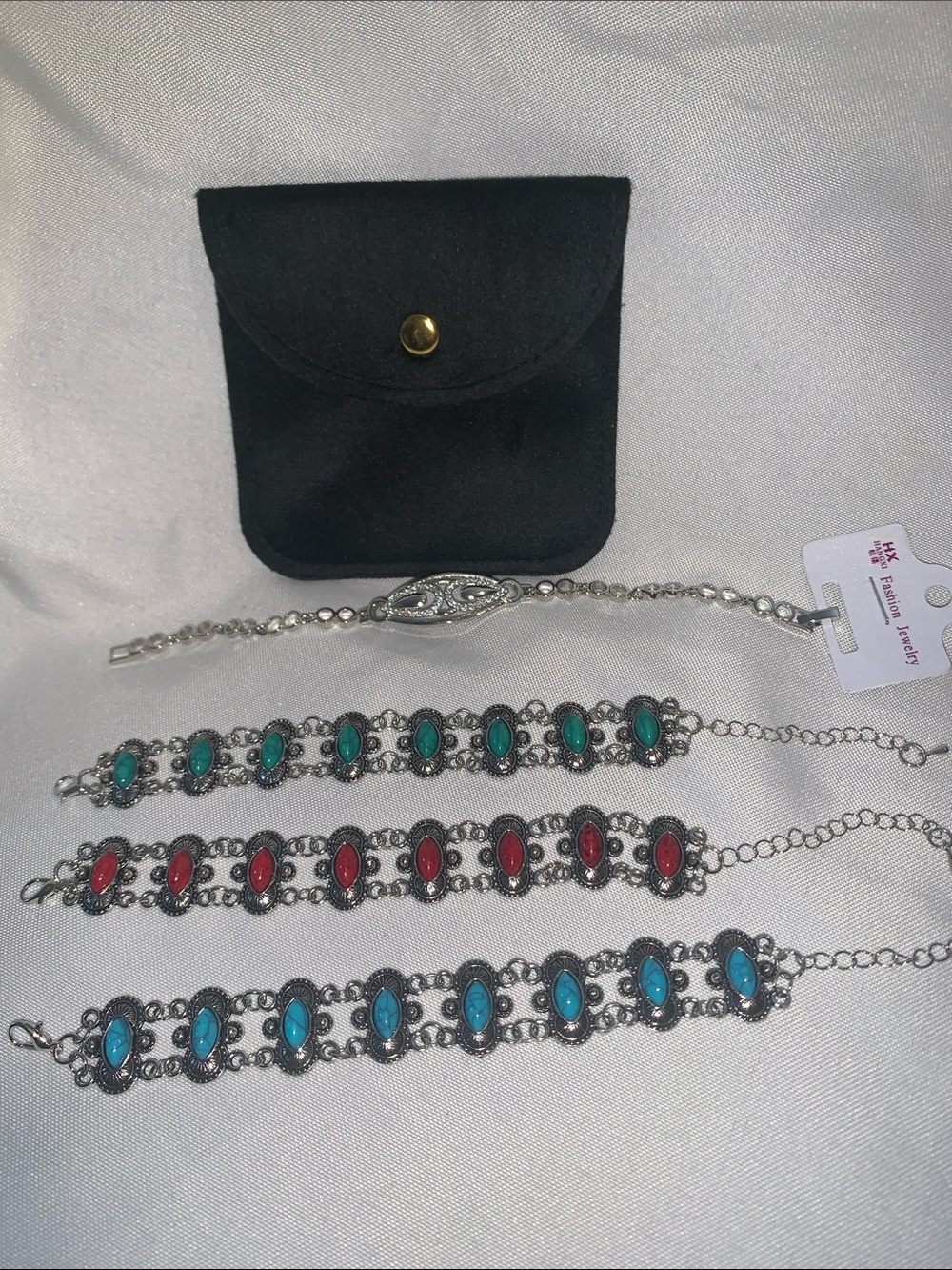 Jewelry Silver-Tone Bracelet Trio with Red, Green, and Blue Stones & freebie